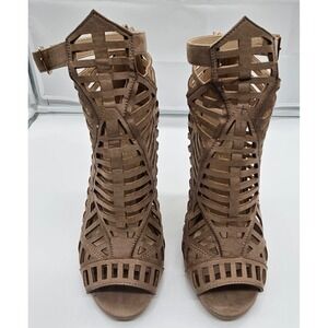 Venus Cage Peep Toe High Heel Booties Ankle Strap Taupe Brown Fashion Shoes